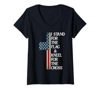 Femme I Stand for The Flag and Kneel for The Cross USA Freedom God T-Shirt avec Col en V