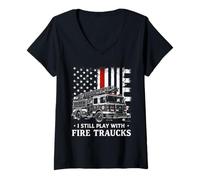Femme I Still Play with Fire Trucks Thin Red Line Firefighter T-Shirt avec Col en V