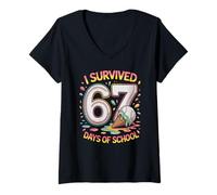 Femme I Survived 67 Days of School Humour 6 7 Bruh Gen Alpha Z Meme T-Shirt avec Col en V