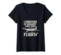 Femme I Survived My Husbandd's First Solo Flight Aviation T-Shirt avec Col en V