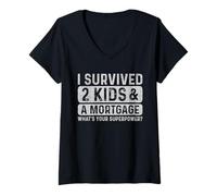 Femme I Survived Two Kids Mortgage My Superpower Parent Humour T-Shirt avec Col en V