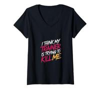 Femme I Think My Trainer is Trying to Kill Me Gym Tired - T-Shirt avec Col en V