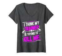 Femme I Think My Trainer is Trying to Kill Me Gym Workout T-Shirt avec Col en V, Chiné Foncé, XXL