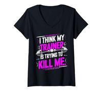 Femme I Think My Trainer is Trying to Kill Me Gym Workout T-Shirt avec Col en V, Noir, S