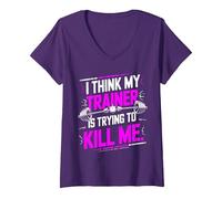 Femme I Think My Trainer is Trying to Kill Me Gym Workout T-Shirt avec Col en V, Violet, M