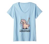 Femme I Turn Colors in to Horsepower Cute Crochet Pony T-Shirt avec Col en V