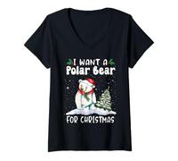 Femme I Want A Polar Bear for Christmas Santa Hat Funny Xmas T-Shirt avec Col en V