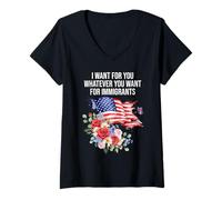 Femme I Want for You Whatever You Want for Immigrants Floral Flag T-Shirt avec Col en V