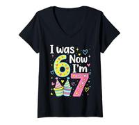 Femme I Was 6 Now I'm 7 Funny 7 Years Old Birthday Kids Party T-Shirt avec Col en V