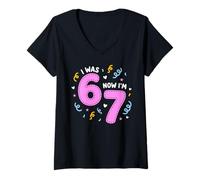Femme I Was 6 Now I'm 7 Funny 7th Birthday Girl Party T-Shirt avec Col en V