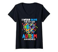 Femme I Wear Blue for My Son Autism Awareness Mom Dad Parents T-Shirt avec Col en V