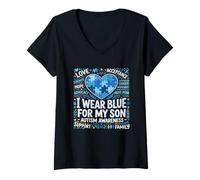 Femme I Wear Blue for My Son Puzzle de Sensibilisation à l'Autisme Cœur T-Shirt avec Col en V