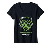 Femme I Wear Green For Mental Health Awareness Butterfly Heart T-Shirt avec Col en V