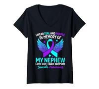 Femme I Wear Teal and Purple for My Neveu Suicide Prevention T-Shirt avec Col en V