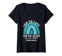 Femme I Wear Teal & White For My Sister Sensibilisation au cancer du col utérin T-Shirt avec Col en V