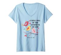 Femme I Will Sing of The Goodness of God Psalm 89:1 Christian Bird T-Shirt avec Col en V