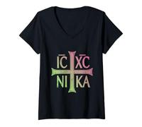 Femme IC XC Nika Cross Christian Orthodox Pastel T-Shirt avec Col en V