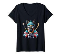 Femme Icehockey Malinois Chien Cool Patinage T-Shirt avec Col en V