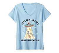 Femme Ici pour Les Chats, Les Humains sont des Amateurs d'ovnis extraterrestres étranges et drôles T-Shirt avec Col en V