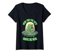 Femme Ici pour Les Chats, Les Humains sont des extraterrestres étranges et drôles Qui Aiment Les Chats OVNI T-Shirt avec Col en V