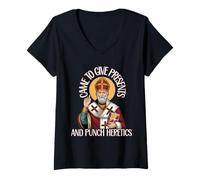 Femme Icône catholique « I Came to Give Presents and Punch Heretics » T-Shirt avec Col en V