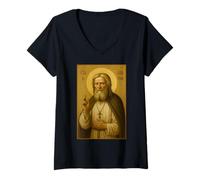 Femme Icône chrétienne orthodoxe de Saint Séraphim T-Shirt avec Col en V