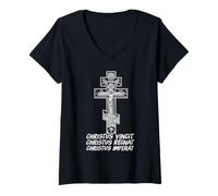 Femme Icône du Crucifix chrétien orthodoxe Oriental T-Shirt avec Col en V
