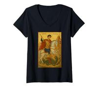 Femme Icône Orthodoxe de Saint Georges et du Dragon T-Shirt avec Col en V