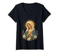 Femme Icône sacrée de dévotion catholique de la Vierge Marie avec des lys T-Shirt avec Col en V