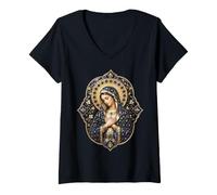 Femme Icône sacrée de la Vierge Marie Bleue T-Shirt avec Col en V
