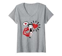 Femme Icônes Betty Boop Heart Kiss T-Shirt avec Col en V, Gris Chiné, L