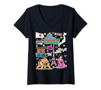 Femme Icônes du Japon, Tour de Tokyo, Carte, Sumo et Art de la Culture Japonaise T-Shirt avec Col en V