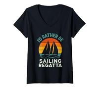 Femme I'd Rather Be Sailing Vintage Sunset Boat Racing Art T-Shirt avec Col en V