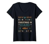 Femme Idaho Chemise de Noël pour Truite, Oiseau, Pomme de Terre, Flocons de Neige T-Shirt avec Col en V