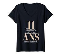 Femme Idée Cadeau 11 Ans de Mariage - Noces de Corail T-Shirt avec Col en V