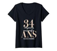 Femme Idée Cadeau 34 Ans de Mariage - Noces d’Ambre T-Shirt avec Col en V