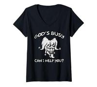 Femme Idée Cadeau Amusante God's Busy Can I Help You T-Shirt avec Col en V