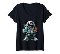 Femme Idée cadeau cool streetwear robot futuriste motif urbain T-Shirt avec Col en V