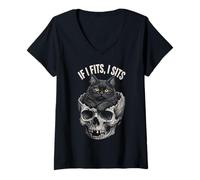 Femme If I Fits I Sits - Funny Black Cat Skull T-Shirt avec Col en V