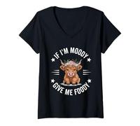 Femme If I'm Moody Give Me Foody Cute Highland Cow Lover T-Shirt avec Col en V