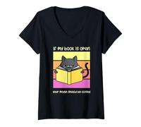 Femme If My Book is Open Your Mouth Shut Sarcastic Cat T-Shirt avec Col en V