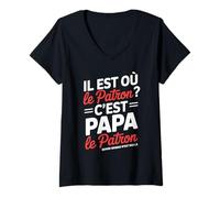 Femme Il est où le patron ? C’est papa le patron humour famille T-Shirt avec Col en V