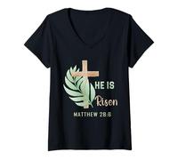 Femme Il est ressuscité Matthieu 28:6 Pâques chrétienne Florale T-Shirt avec Col en V