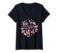 Femme Il est ressuscité, vous tous - Joyeuses Pâques, Jésus, Dimanche chrétien T-Shirt avec Col en V