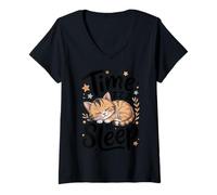 Femme Il est Temps de Dormir Citation Confortable de Chat endormi T-Shirt avec Col en V