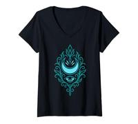Femme Œil et Lune Symbole Spirituel Art Ornement Mystique T-Shirt avec Col en V