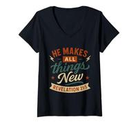 Femme Il Fait de Toutes Choses Nouvelles Revelation 21 5 - Vintage Christian T-Shirt avec Col en V