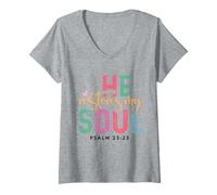 Femme Il restaure Mon âme Verset chrétien Verset biblique T-Shirt avec Col en V