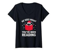 Femme Il voit ce Que Vous Avez lu Bookish Christmas T-Shirt avec Col en V