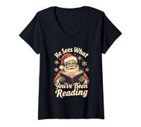 Femme Il voit ce Que Vous Avez lu Funny Bookish Christmas T-Shirt avec Col en V